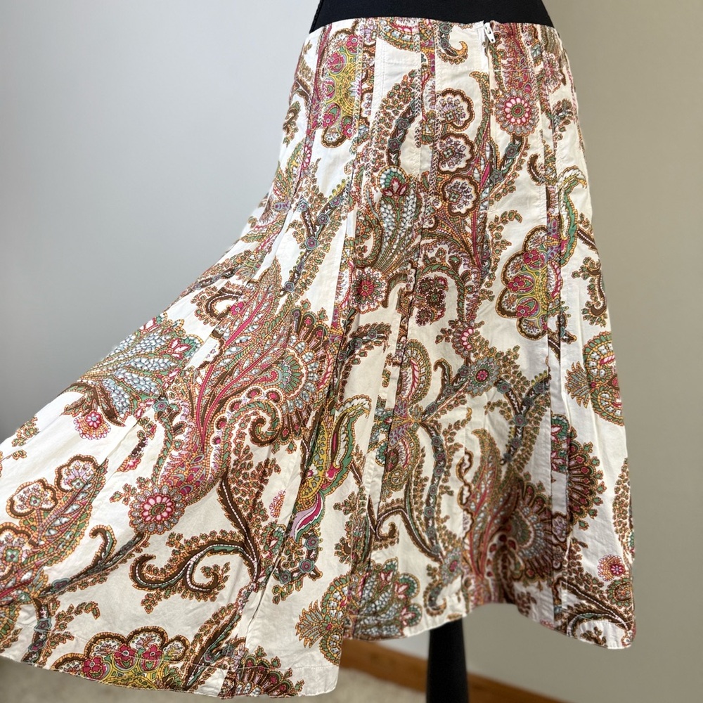 CAbi Paisley Midi Skirt Button Front Cotton A-Line Size 6